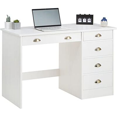 IDIMEX Bureau Lana avec Rangement 5 tiroirs et poignées en Forme de Coquille, en pin Massif lasuré Blanc - Publicité IDIMEX Bureau Lana avec Rangement 5 tiroirs et poignées en Forme de Coquille, en pin Massif lasuré Blanc - Publicité