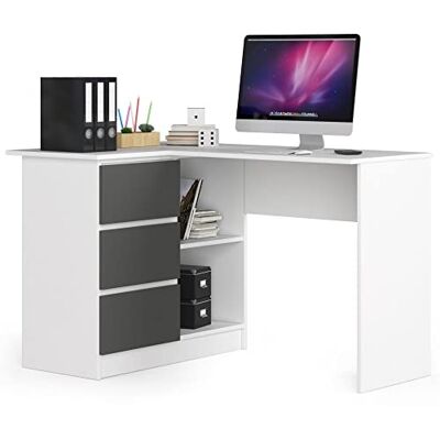 AKORD B-16 Bureau d'angle avec 3 tiroirs et 2 étagères Bureau d'angle pour Bureau à Domicile et Bureau Montage Facile 124 x 77 x 85 cm (l x H x P) 48 kg Blanc et Gris Graphite Avant - Publicité AKORD B-16 Bureau d'angle avec 3 tiroirs et 2 étagères Bureau d'angle pour Bureau à Domicile et Bureau Montage Facile 124 x 77 x 85 cm (l x H x P) 48 kg Blanc et Gris Graphite Avant - Publicité
