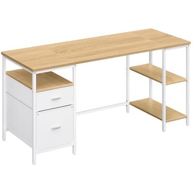 VASAGLE Bureau d’Ordinateur, Table avec Rangement, 3 Étagères, 2 Tiroirs, 160 x 60 x 76 cm, pour Bureau, Salon, Style Moderne, Couleur Chêne Naturel et Blanc Nuage LWD105YD01 - Publicité VASAGLE Bureau d’Ordinateur, Table avec Rangement, 3 Étagères, 2 Tiroirs, 160 x 60 x 76 cm, pour Bureau, Salon, Style Moderne, Couleur Chêne Naturel et Blanc Nuage LWD105YD01 - Publicité