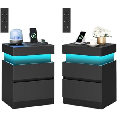 VASAGLE Kailyn Collection Table de Chevet, Lot de 2, avec Multiprise, Couvercle Coulissant, 2 Tiroirs, Bande LED, Petite Table d’Appoint, Style Moderne, 35 x 40 x 55 cm, Noir d'encre LET840BC01 - Publicité VASAGLE Kailyn Collection Table de Chevet, Lot de 2, avec Multiprise, Couvercle Coulissant, 2 Tiroirs, Bande LED, Petite Table d’Appoint, Style Moderne, 35 x 40 x 55 cm, Noir d'encre LET840BC01 - Publicité