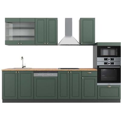 Vicco Cuisine Fame-Line, Vert et Or Campagne/Anthracite, 300cm avec Armoire Haute, PT Chêne, Extensible avec des modules supplémentaires et Disposition Variable - Publicité Vicco Cuisine Fame-Line, Vert et Or Campagne/Anthracite, 300cm avec Armoire Haute, PT Chêne, Extensible avec des modules supplémentaires et Disposition Variable - Publicité