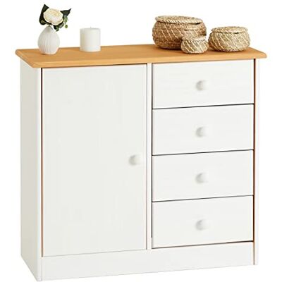 IDIMEX Commode en pin Massif lasuré Blanc et Brun Rondo Buffet Meuble de Rangement avec 4 tiroirs et Une Porte - Publicité IDIMEX Commode en pin Massif lasuré Blanc et Brun Rondo Buffet Meuble de Rangement avec 4 tiroirs et Une Porte - Publicité