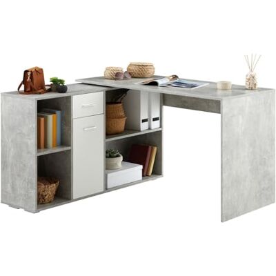 IDIMEX Bureau d'angle Carmen avec Meuble de Rangement intégré 4 étagères 1 Porte et 1 tiroir, décor béton et Blanc Mat - Publicité IDIMEX Bureau d'angle Carmen avec Meuble de Rangement intégré 4 étagères 1 Porte et 1 tiroir, décor béton et Blanc Mat - Publicité