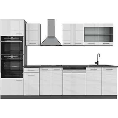 Vicco Cuisine R-Line, Blanc Haute Brillance, 300cm avec Armoire Haute, PT Anthracite, adapté à la Combinaison et à l’Extension Individuelles - Publicité Vicco Cuisine R-Line, Blanc Haute Brillance, 300cm avec Armoire Haute, PT Anthracite, adapté à la Combinaison et à l’Extension Individuelles - Publicité