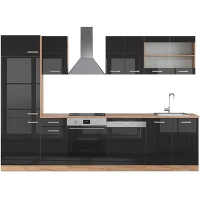 Vicco Cuisine R-Line, Noir Brillant/Chêne doré, 300cm, PT Chêne, pour Une Disposition Flexible et Une Extension avec des modules supplémentaires - Publicité Vicco Cuisine R-Line, Noir Brillant/Chêne doré, 300cm, PT Chêne, pour Une Disposition Flexible et Une Extension avec des modules supplémentaires - Publicité