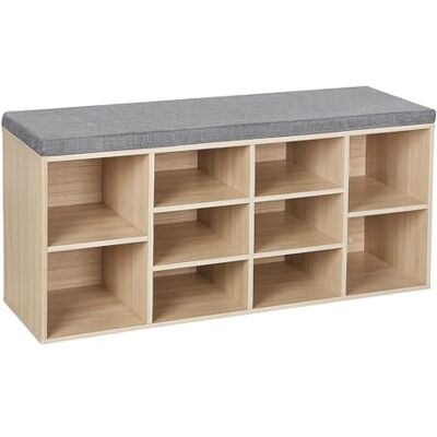 VASAGLE Banc à Chaussures, Banc de Rangement avec Coussin Rembourré, 10 Compartiments, Étagères Réglables, pour Salon, Couloir, 30 x 104 x 48 cm, Couleur Boisée et Gris LHS10NL - Publicité VASAGLE Banc à Chaussures, Banc de Rangement avec Coussin Rembourré, 10 Compartiments, Étagères Réglables, pour Salon, Couloir, 30 x 104 x 48 cm, Couleur Boisée et Gris LHS10NL - Publicité