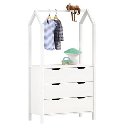 IDIMEX Commode enfant AMIRA H 152 cm en bois massif blanc type Montessori avec 3 tiroirs et 1 tringle, meuble de rangement pour chambre enfant en forme de maison, rangement à vêtement pour garçon ou fille - Publicité IDIMEX Commode enfant AMIRA H 152 cm en bois massif blanc type Montessori avec 3 tiroirs et 1 tringle, meuble de rangement pour chambre enfant en forme de maison, rangement à vêtement pour garçon ou fille - Publicité
