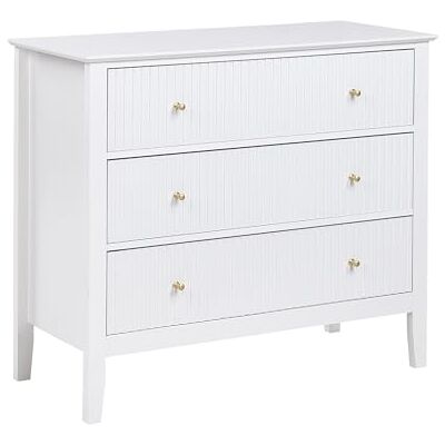 Beliani Commode 3 Tiroirs Mobilier Salon en MDF Blanc avec Poignées Dorées Assisi - Publicité Beliani Commode 3 Tiroirs Mobilier Salon en MDF Blanc avec Poignées Dorées Assisi - Publicité