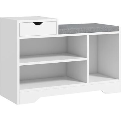 HOMCOM Banc à Chaussures, Banc de Rangement, 1 tiroir et 3 Compartiments, Meuble d'entrée avec Coussin rembourrée, pour Couloir, entrée, Chambre, 76,5 x 30 x 52 cm, Blanc - Publicité HOMCOM Banc à Chaussures, Banc de Rangement, 1 tiroir et 3 Compartiments, Meuble d'entrée avec Coussin rembourrée, pour Couloir, entrée, Chambre, 76,5 x 30 x 52 cm, Blanc - Publicité