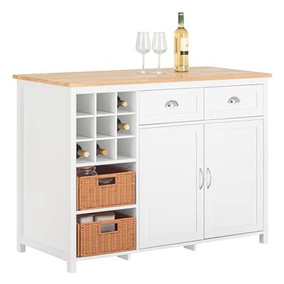 SoBuy îlot Central de Cuisine, Placard de Cuisine, Buffet de Rangement avec Porte-Bouteille pour 9 Bouteilles, 2 Tiroirs, 2 Portes et 2 Paniers en Rotin – 120x56x90 cm, KNL05-W - Publicité SoBuy îlot Central de Cuisine, Placard de Cuisine, Buffet de Rangement avec Porte-Bouteille pour 9 Bouteilles, 2 Tiroirs, 2 Portes et 2 Paniers en Rotin – 120x56x90 cm, KNL05-W - Publicité