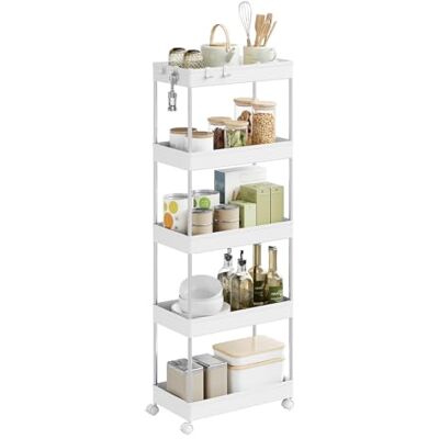 WOLTU Chariot de Rangement 5 Niveaux, Desserte à roulettes Mobile avec 4 Crochets, pour Cuisine, Salle de Bain, Petit Espace, en Plastique et Métal, 41,5 x 112 x 23 cm, Blanc - Publicité WOLTU Chariot de Rangement 5 Niveaux, Desserte à roulettes Mobile avec 4 Crochets, pour Cuisine, Salle de Bain, Petit Espace, en Plastique et Métal, 41,5 x 112 x 23 cm, Blanc - Publicité