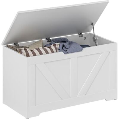 HOMCOM Coffre de Rangement Meuble d'Entrée Rustique 80x40x45cm Blanc Banc de Rangement, Couvercle Rabattable, Charnières de Sécurité, pour Couloir, Chambre, Salon - Publicité HOMCOM Coffre de Rangement Meuble d'Entrée Rustique 80x40x45cm Blanc Banc de Rangement, Couvercle Rabattable, Charnières de Sécurité, pour Couloir, Chambre, Salon - Publicité