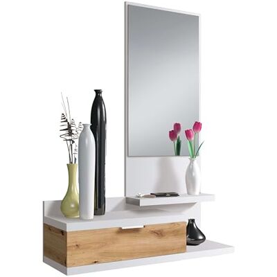 Habitdesign Modèle Dahlia Meuble d'entrée avec tiroir et Miroir Blanc « Artik » et chêne « Nodi », Dimensions : 81 x 116 x 29 cm (l x H x P). Publicité Habitdesign Modèle Dahlia Meuble d'entrée avec tiroir et Miroir Blanc « Artik » et chêne « Nodi », Dimensions : 81 x 116 x 29 cm (l x H x P). Publicité