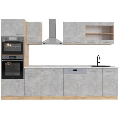 Vicco Cuisine R-Line, Béton/Force d'or Chêne, 300cm avec Armoire Haute, PT Marbre, pour Une Extension personnalisée avec des modules complémentaires compatibles - Publicité Vicco Cuisine R-Line, Béton/Force d'or Chêne, 300cm avec Armoire Haute, PT Marbre, pour Une Extension personnalisée avec des modules complémentaires compatibles - Publicité