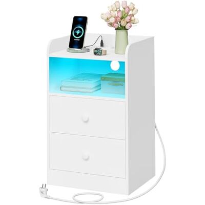 WOLTU Table de Chevet avec Station de Charge, Prises et Ports USB, Table d'Appoint avec Lumière LED, Table de Lit avec 2 Tiroirs 1 Compartiment Ouvert, Meuble Chambre en Bois, Blanc, NTS07ws - Publicité WOLTU Table de Chevet avec Station de Charge, Prises et Ports USB, Table d'Appoint avec Lumière LED, Table de Lit avec 2 Tiroirs 1 Compartiment Ouvert, Meuble Chambre en Bois, Blanc, NTS07ws - Publicité