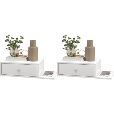 HOMCOM Lot de 2 Tables de Chevet murales, Lot de 2 Tables de Nuit, avec tiroir et étagère latérale, en Bois, 55 x 30 x 15 cm, Blanc - Publicité HOMCOM Lot de 2 Tables de Chevet murales, Lot de 2 Tables de Nuit, avec tiroir et étagère latérale, en Bois, 55 x 30 x 15 cm, Blanc - Publicité