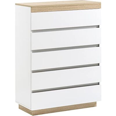 HOMCOM Commode en Bois à 5 tiroirs, Commode de Chambre à Coucher avec Dispositif Anti-basculement, 80x40x109 cm, Blanc et chêne - Publicité HOMCOM Commode en Bois à 5 tiroirs, Commode de Chambre à Coucher avec Dispositif Anti-basculement, 80x40x109 cm, Blanc et chêne - Publicité