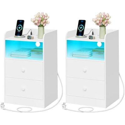WOLTU Lot de 2 Tables de Chevet avec Station de Charge, Prises et Ports USB, Table d'Appoint avec Lumière LED, Table de Lit avec 2 Tiroirs 1 Compartiment Ouvert, Meuble Chambre en Bois, Blanc - Publicité WOLTU Lot de 2 Tables de Chevet avec Station de Charge, Prises et Ports USB, Table d'Appoint avec Lumière LED, Table de Lit avec 2 Tiroirs 1 Compartiment Ouvert, Meuble Chambre en Bois, Blanc - Publicité