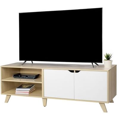 Relaxdays Meuble TV 6 Compartiments, Passe-câbles, 50x140x40 cm, Nature/Blanc - Publicité Relaxdays Meuble TV 6 Compartiments, Passe-câbles, 50x140x40 cm, Nature/Blanc - Publicité