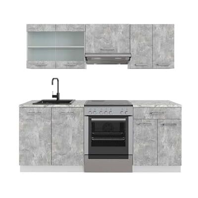 Vicco Cuisine R-Line, Béton/Blanc, 200cm, PT Marbre, adapté à Une Extension individuelle avec des modules supplémentaires - Publicité Vicco Cuisine R-Line, Béton/Blanc, 200cm, PT Marbre, adapté à Une Extension individuelle avec des modules supplémentaires - Publicité