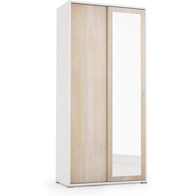 Kiamami Valentina Armoire coulissante multifonctionnelle en chêne et Blanc avec Porte Miroir et Tringle à vêtements - Publicité Kiamami Valentina Armoire coulissante multifonctionnelle en chêne et Blanc avec Porte Miroir et Tringle à vêtements - Publicité