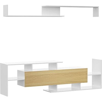 HOMCOM Ensemble Meuble TV avec Banc et étagère Murale Style Contemporain 153,6L cm Blanc et Bois Naturel - Publicité HOMCOM Ensemble Meuble TV avec Banc et étagère Murale Style Contemporain 153,6L cm Blanc et Bois Naturel - Publicité