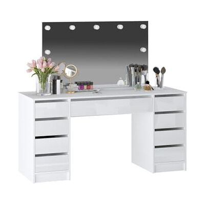 Unique Coiffeuse Double avec Miroir à LEDs 9 tiroirs Blanc Brillant JENEMI - Publicité Unique Coiffeuse Double avec Miroir à LEDs 9 tiroirs Blanc Brillant JENEMI - Publicité