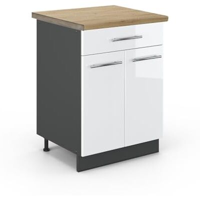 Vicco Meuble Cuisine Fame-Line, Blanc Haute Brillance, 60cm avec tiroir, PT Chêne, à Combiner avec d'autres modules de la série Fame-Line - Publicité Vicco Meuble Cuisine Fame-Line, Blanc Haute Brillance, 60cm avec tiroir, PT Chêne, à Combiner avec d'autres modules de la série Fame-Line - Publicité