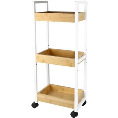 LANTUS Étagère Mince de Salle de Bains, Gain de Place, Bambou, Chariot de Rangement à 3 Niveaux sur roulettes,Étagère Debout 3 paniers dim. 30L x 20l x 80H cm-Blanc - Publicité LANTUS Étagère Mince de Salle de Bains, Gain de Place, Bambou, Chariot de Rangement à 3 Niveaux sur roulettes,Étagère Debout 3 paniers dim. 30L x 20l x 80H cm-Blanc - Publicité