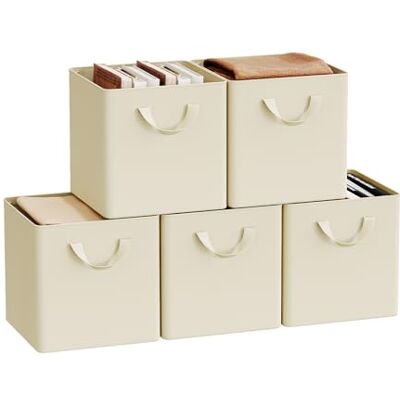 WOLTU Lot de 5 Cubes de Rangement Pliables, Boîtes de Rangement en Tissu, avec Poignée et Cadre en Métal, Crème, 26x26x26,5cm - Publicité WOLTU Lot de 5 Cubes de Rangement Pliables, Boîtes de Rangement en Tissu, avec Poignée et Cadre en Métal, Crème, 26x26x26,5cm - Publicité