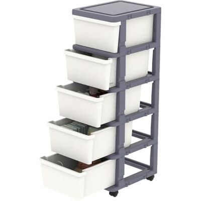 Cetomo Tour de Rangement, Tiroirs de Rangement en Plastique, Caisson de Bureau sur Roues Verrouillables pour Domicile à Chambre, Dormoir, Détachable, Combinaison Libre, Blanc et Gris, 5 Tiroirs - Publicité Cetomo Tour de Rangement, Tiroirs de Rangement en Plastique, Caisson de Bureau sur Roues Verrouillables pour Domicile à Chambre, Dormoir, Détachable, Combinaison Libre, Blanc et Gris, 5 Tiroirs - Publicité