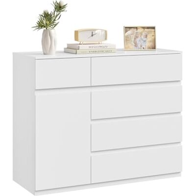 WOLTU Commode Chambre, avec 5 Tiroirs et 1 Placard, Meuble de Rangement, Étagère Réglable, Style Moderne, pour Salon, Entrée, Chambre à Coucher, en Bois d'Ingénierie, 100x40x80 cm, Blanc - Publicité WOLTU Commode Chambre, avec 5 Tiroirs et 1 Placard, Meuble de Rangement, Étagère Réglable, Style Moderne, pour Salon, Entrée, Chambre à Coucher, en Bois d'Ingénierie, 100x40x80 cm, Blanc - Publicité