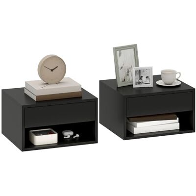 HOMCOM Lot de 2 Tables de Chevet murales, Tables de Nuit suspendues avec tiroir Coulissant, Compartiment Ouvert, Plateau, Style Moderne, 37 x 32 x 21 cm, Noir - Publicité HOMCOM Lot de 2 Tables de Chevet murales, Tables de Nuit suspendues avec tiroir Coulissant, Compartiment Ouvert, Plateau, Style Moderne, 37 x 32 x 21 cm, Noir - Publicité