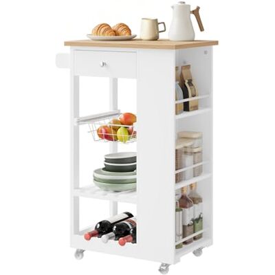 WOLTU Desserte à roulettes, Meuble Cuisine avec Plan de Travail, 1 Tiroir, 1 Panier en Grille, 1 Casier à Bouteilles et 3 Étagères Latérales, pour Cuisine, Salle à Manger, Salon, Bambou + Blanc - Publicité WOLTU Desserte à roulettes, Meuble Cuisine avec Plan de Travail, 1 Tiroir, 1 Panier en Grille, 1 Casier à Bouteilles et 3 Étagères Latérales, pour Cuisine, Salle à Manger, Salon, Bambou + Blanc - Publicité