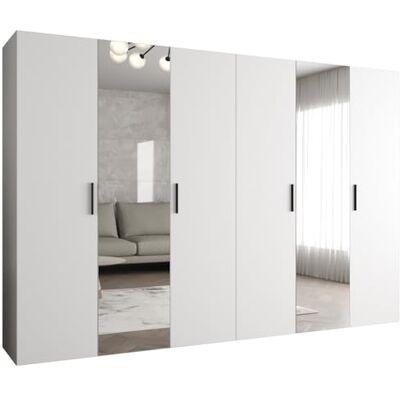 ABIKSMEBLE Armoire à vêtements 300 x 202 x 52 cm Armoire avec Tringle et Miroir, 6 Portes pour Chambre, Couloir Bari, Blanc, Poignée Noir - Publicité ABIKSMEBLE Armoire à vêtements 300 x 202 x 52 cm Armoire avec Tringle et Miroir, 6 Portes pour Chambre, Couloir Bari, Blanc, Poignée Noir - Publicité