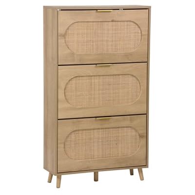sweeek Meuble à Chaussures décor Bois et cannage 3 abattants. poignées en métal L 75 x P 26 x H 131 cm Eva - Publicité sweeek Meuble à Chaussures décor Bois et cannage 3 abattants. poignées en métal L 75 x P 26 x H 131 cm Eva - Publicité
