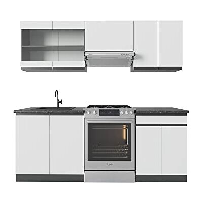 Vicco Cuisine R-Line, Blanc/Anthracite, 200cm J-Shape, PT Anthracite, adapté à Une Extension individuelle avec des modules supplémentaires - Publicité Vicco Cuisine R-Line, Blanc/Anthracite, 200cm J-Shape, PT Anthracite, adapté à Une Extension individuelle avec des modules supplémentaires - Publicité