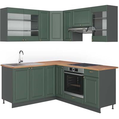 Vicco Cuisine en Angle Fame-Line, Vert et Or Campagne/Anthracite, 190x60cm, PT Chêne, adapté à Une Extension individuelle avec des modules supplémentaires - Publicité Vicco Cuisine en Angle Fame-Line, Vert et Or Campagne/Anthracite, 190x60cm, PT Chêne, adapté à Une Extension individuelle avec des modules supplémentaires - Publicité