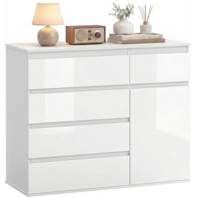 HOMCOM Commode à 5 tiroirs avec étagère réglable et porte à fermeture douce pour salon, cuisine, salle à manger, blanc brillant, 100 x 40 x 80 cm - Publicité HOMCOM Commode à 5 tiroirs avec étagère réglable et porte à fermeture douce pour salon, cuisine, salle à manger, blanc brillant, 100 x 40 x 80 cm - Publicité