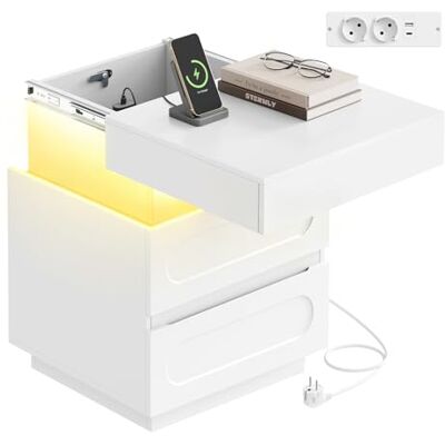 WOLTU Table de Chevet Connctée, Table de Nuit LED, Éclairage Réglable, Compartiment Caché avec Serrure et 2 Tiroirs, en Bois d'Ingénierie, 45x40x58 cm, Blanc - Publicité WOLTU Table de Chevet Connctée, Table de Nuit LED, Éclairage Réglable, Compartiment Caché avec Serrure et 2 Tiroirs, en Bois d'Ingénierie, 45x40x58 cm, Blanc - Publicité