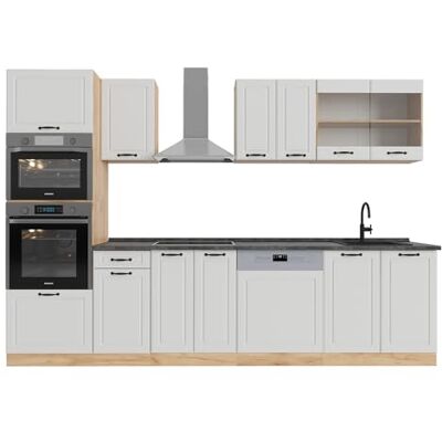 Vicco Cuisine R-Line, Blanc campagnard/Chêne doré, 300cm avec Armoire Haute, sans PT, pour Une Extension personnalisée avec des modules complémentaires compatibles - Publicité Vicco Cuisine R-Line, Blanc campagnard/Chêne doré, 300cm avec Armoire Haute, sans PT, pour Une Extension personnalisée avec des modules complémentaires compatibles - Publicité