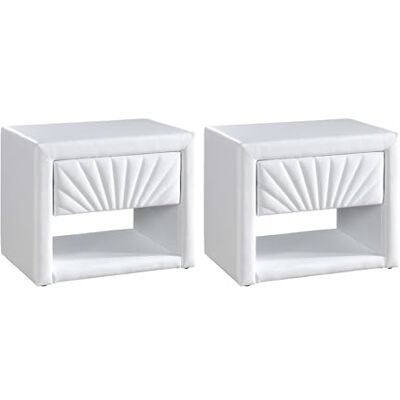 Unique Lot de 2 Tables de Chevet 1 tiroir et 1 Niche Simili Blanc ULAMI - Publicité Unique Lot de 2 Tables de Chevet 1 tiroir et 1 Niche Simili Blanc ULAMI - Publicité