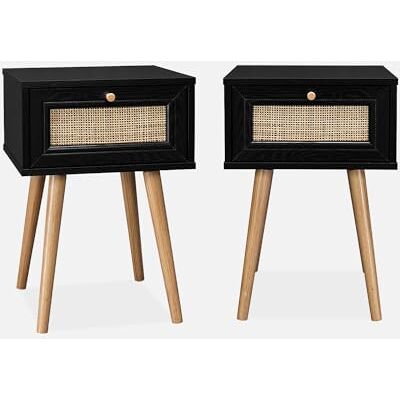 sweeek Lot de 2 Tables de Chevet décor Bois Noir et cannage avec 1 tiroir - Publicité sweeek Lot de 2 Tables de Chevet décor Bois Noir et cannage avec 1 tiroir - Publicité