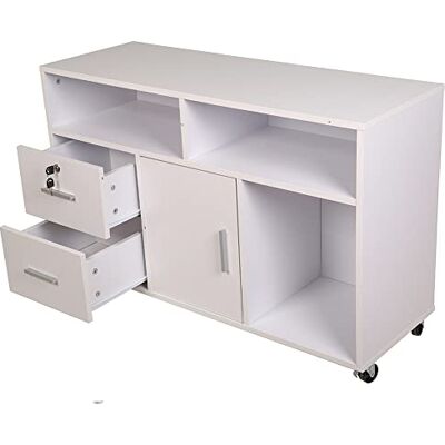 BAKAJI Blanc Meuble Porte-imprimante 3 étagères 2 tiroirs avec clé, Bois d'ingénierie, Standard - Publicité BAKAJI Blanc Meuble Porte-imprimante 3 étagères 2 tiroirs avec clé, Bois d'ingénierie, Standard - Publicité