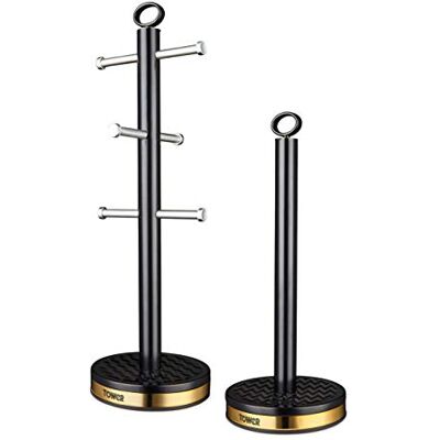 TOWER Empire T826092BLK Ensemble arbre à tasses et porte-serviettes en acier inoxydable, antidérapant, noir et laiton - Publicité TOWER Empire T826092BLK Ensemble arbre à tasses et porte-serviettes en acier inoxydable, antidérapant, noir et laiton - Publicité