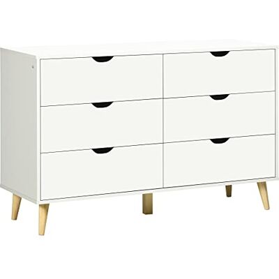 HOMCOM Commode 6 Tiroirs, Commode Chambre, Meuble de Rangement Style Scandinave avec Pieds en Bois, pour Chambre à Coucher, Salon, 120 x 40 x 76 cm, Blanc - Publicité HOMCOM Commode 6 Tiroirs, Commode Chambre, Meuble de Rangement Style Scandinave avec Pieds en Bois, pour Chambre à Coucher, Salon, 120 x 40 x 76 cm, Blanc - Publicité