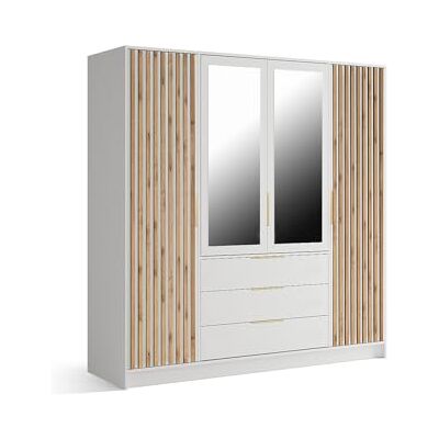 Unique Armoire 4 Portes et 3 tiroirs – avec Miroir L196 cm – Coloris : Naturel et Blanc LIRMADA - Publicité Unique Armoire 4 Portes et 3 tiroirs – avec Miroir L196 cm – Coloris : Naturel et Blanc LIRMADA - Publicité