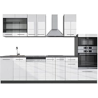 Vicco Cuisine Fame-Line, Blanc Brillant/Anthracite, 300cm avec Armoire Haute, sans PT, Extensible avec des modules supplémentaires et Disposition Variable - Publicité Vicco Cuisine Fame-Line, Blanc Brillant/Anthracite, 300cm avec Armoire Haute, sans PT, Extensible avec des modules supplémentaires et Disposition Variable - Publicité