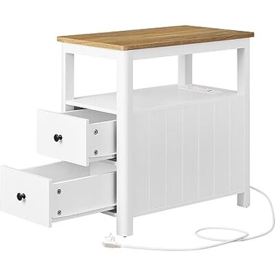 VASAGLE Table d’Appoint avec Multiprise, Petite et Fine avec 2 Tiroirs, Table de Chevet avec Rangement, pour Salon, Chambre, Marron Chêne et Blanc LET327W14 - Publicité VASAGLE Table d’Appoint avec Multiprise, Petite et Fine avec 2 Tiroirs, Table de Chevet avec Rangement, pour Salon, Chambre, Marron Chêne et Blanc LET327W14 - Publicité