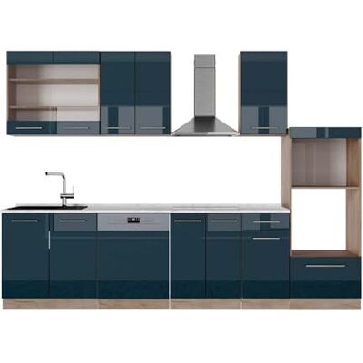 Vicco Cuisine Fame-Line, Bleu foncé Brillant/chêne doré, 300cm avec Armoire Haute, PT Marbre, pour Une Extension personnalisée avec des modules complémentaires compatibles - Publicité Vicco Cuisine Fame-Line, Bleu foncé Brillant/chêne doré, 300cm avec Armoire Haute, PT Marbre, pour Une Extension personnalisée avec des modules complémentaires compatibles - Publicité